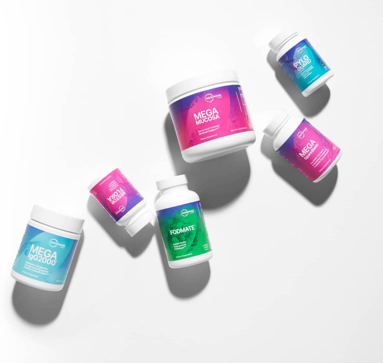 Range of Microbiome Labs products lying down